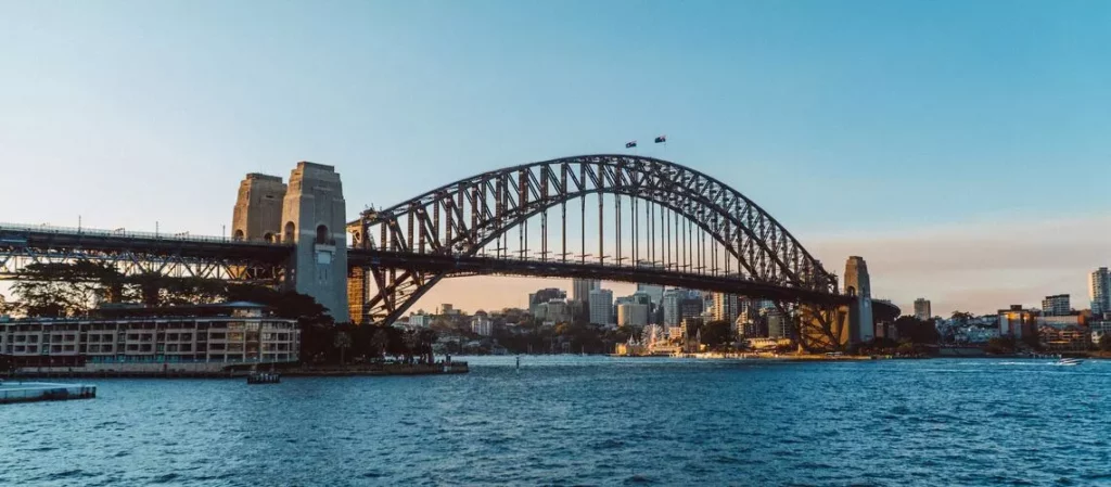 Sydney skyline view of the city with the Sydney Harbour Bridge.